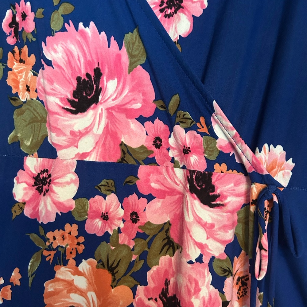 Floral Wrap Summer high low Dress in Blue with Pink & Coral Flowers super comfy - Picture 4 of 7
